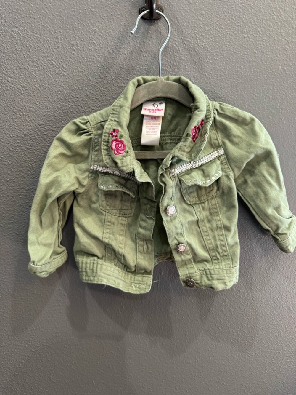 Nannette Olive Green Embroidered Rose Jean Jacket